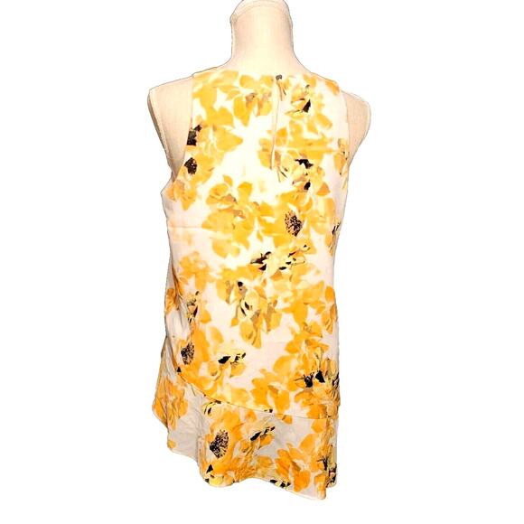 DKNY Sleeveless Blouse Small  Top Tank Asymmetrical Ruffled Yellow Floral Work - Picture 2 of 10